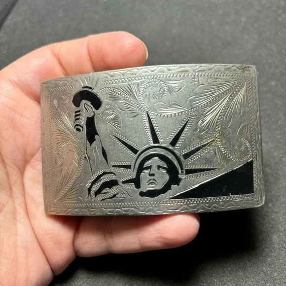 Vintage Alpaca Engraved Statue Of Liberty Silver Tone And Enamel Belt Buckle